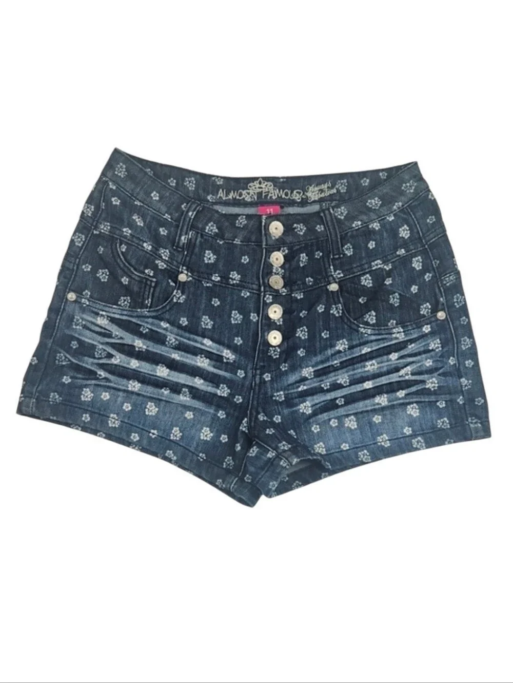 Almost Famous Women's Dark Blue Floral Print Denim Shorts Y2K Indie Juniors 11
